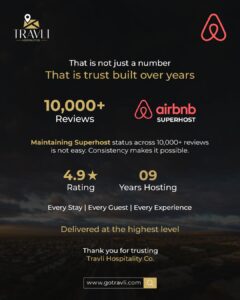 Travli Hospitality Co achieved Airbnb Super Host Status and 10k+ reviews on airbnb
