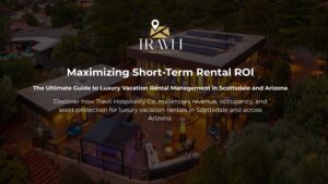 Modern luxury vacation rental compound in Paradise Valley, Arizona, managed by Travli Hospitality Co., showcasing a custom resort-style pool and desert landscaping at twilight.