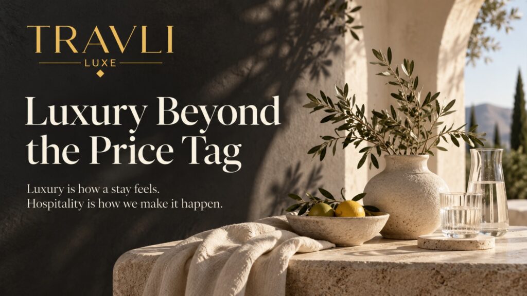 Travli Luxe banner: Luxury Beyond the Price Tag - a luxury vacation rental patio with olive branches and lemons