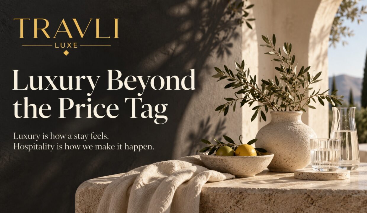 Travli Luxe banner: Luxury Beyond the Price Tag - a luxury vacation rental patio with olive branches and lemons